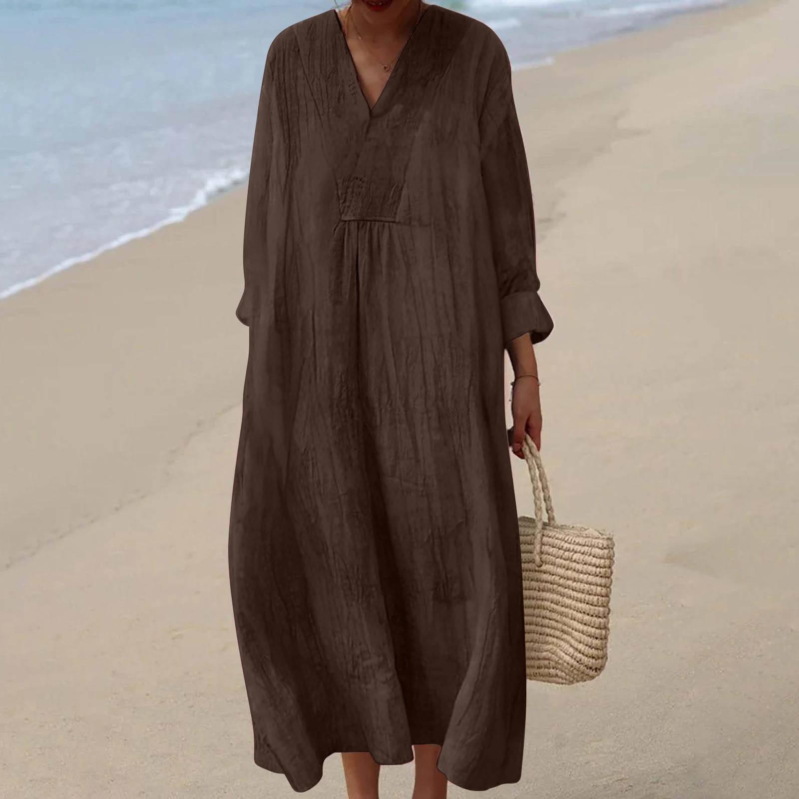 European and American new autumn long-sleeved dress, large size V-neck creative solid color long-sleeved loose dress 5XL