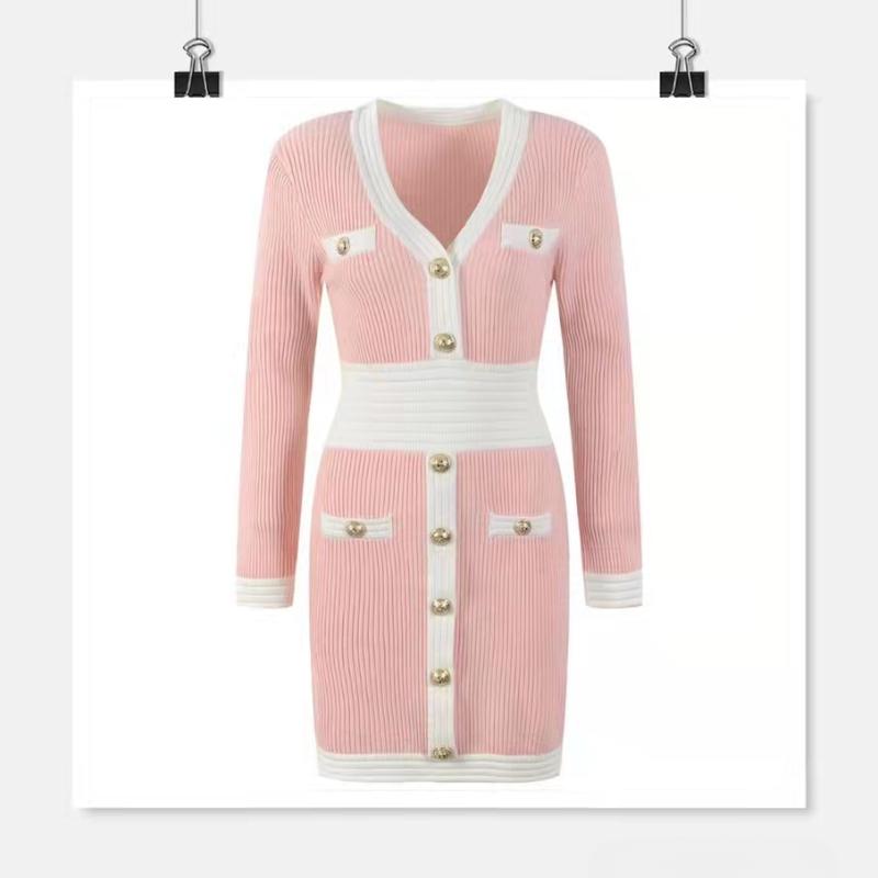 

Осеннее трикотажное сексуальное платье с V-образным вырезом и высокой талией, модное женское винтажное элегантное женское платье с длинным рукавом, повседневное облегающее зимнее платье 25971 One Size розовый