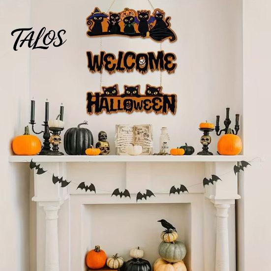 Halloween Wooden Sign Door Sign, Black Cats Broom Front Hanger, Rustic Multi-layer Polished Wood Hanging Welcome for Home Window Wall Party