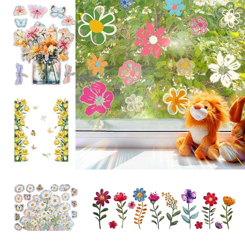 Colorful Sun Catcher Window Stickers Rainbow Prisms Flower Butterfly Bee Floral Decals Waterproof Sunlight Cloud
