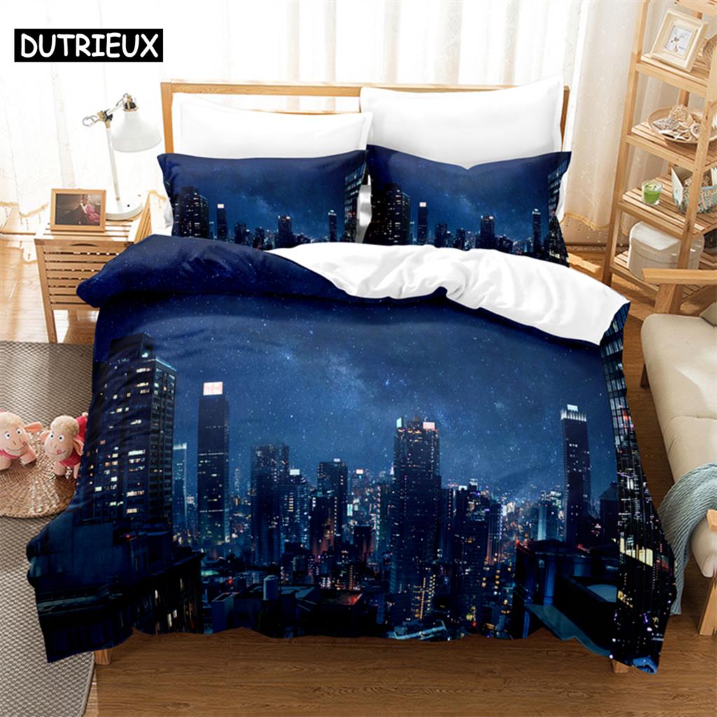 3D Digital Printing Fashion Design City Night Scene Beding Set, Quen Sized Dimensions Soft with Soft Fabric Duvet Cover Set