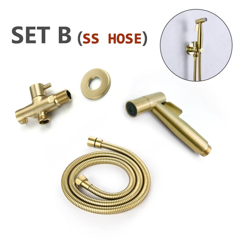 Bidet Sprayer Brushed Gold Bathroom Clean Toilet 2 Functions Water Flow Brass Body Stainless Steel/PVC Hose
