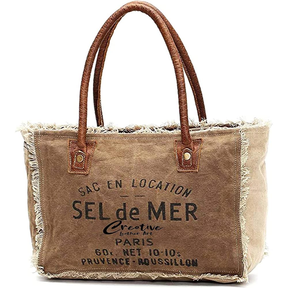 Bags Sel De Mer Upcycled Canvas Hand Bag Upcycled Canvas & Cowhide Tote Bag,