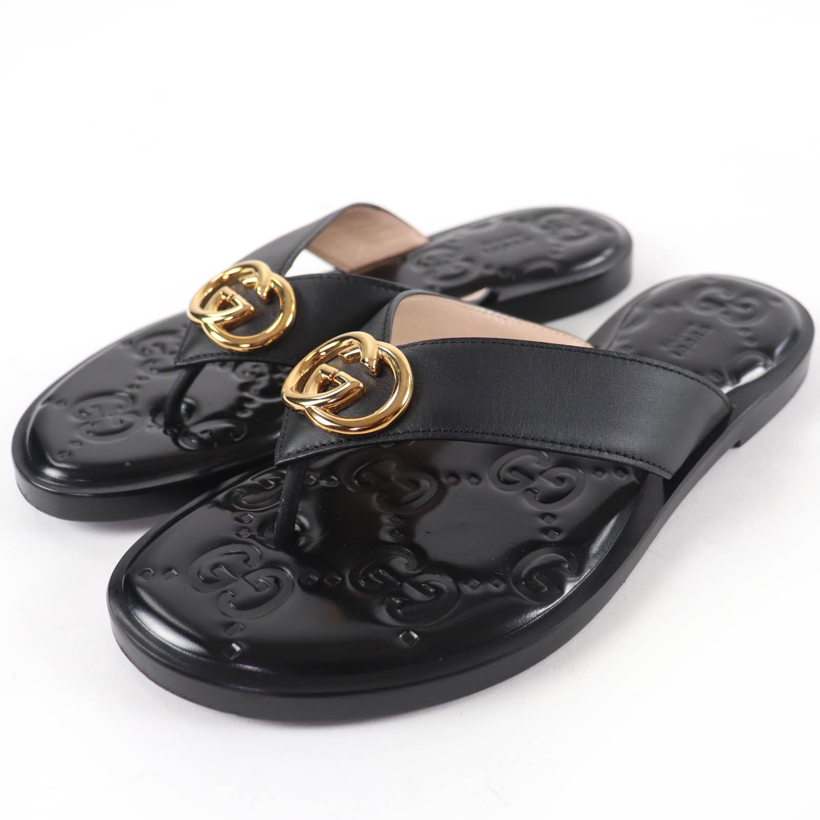 Great GUCCI Sandals Interlocking G black leather Women 36.5 695207 Used