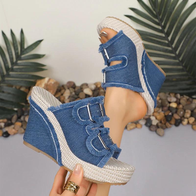 Fashion Blue Denim Wedge Heel Sandals for Women Summer Fashion Double Buckle Chunky Platform Sandals Woman Gothic Thick Bottom Slippers