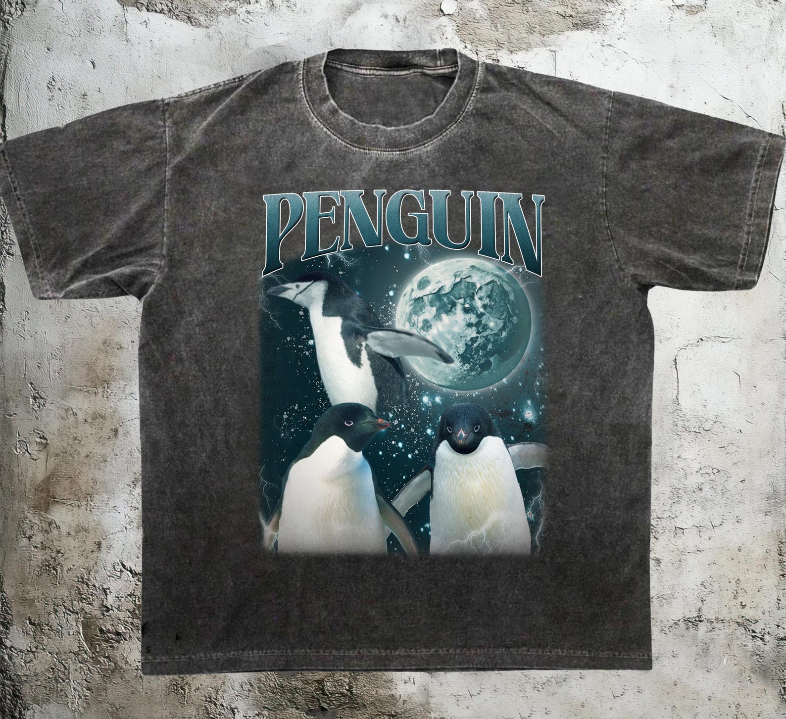 Three Gentoo Penguin Retro Graphic T-Shirt, Vintage Moon Bird Tee, Funny Penguin Shirt S