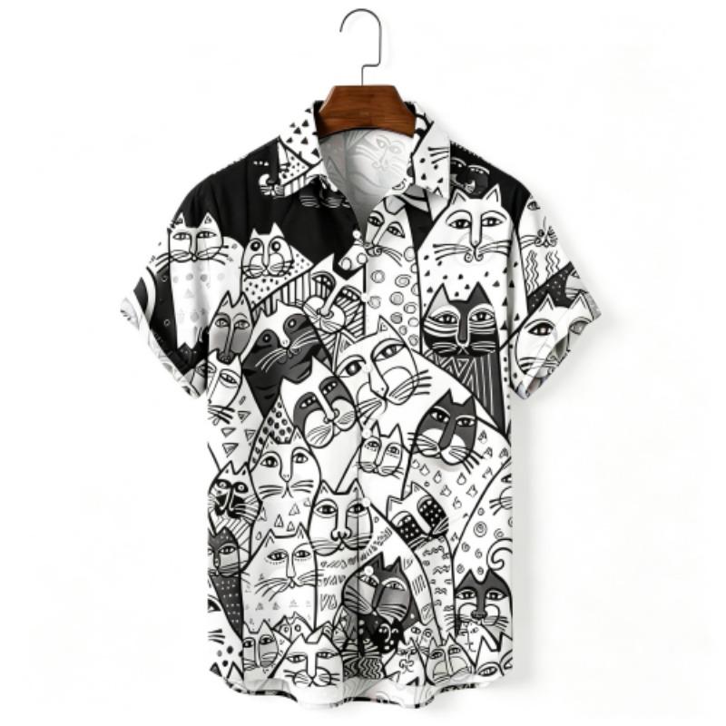 Summer Fashion Funny Colorful Cartoon Cat Printing Shirt Hawaiian Beach Vacation Clothing Men's Street Style Shirt Daily Men's and Women's Shirt