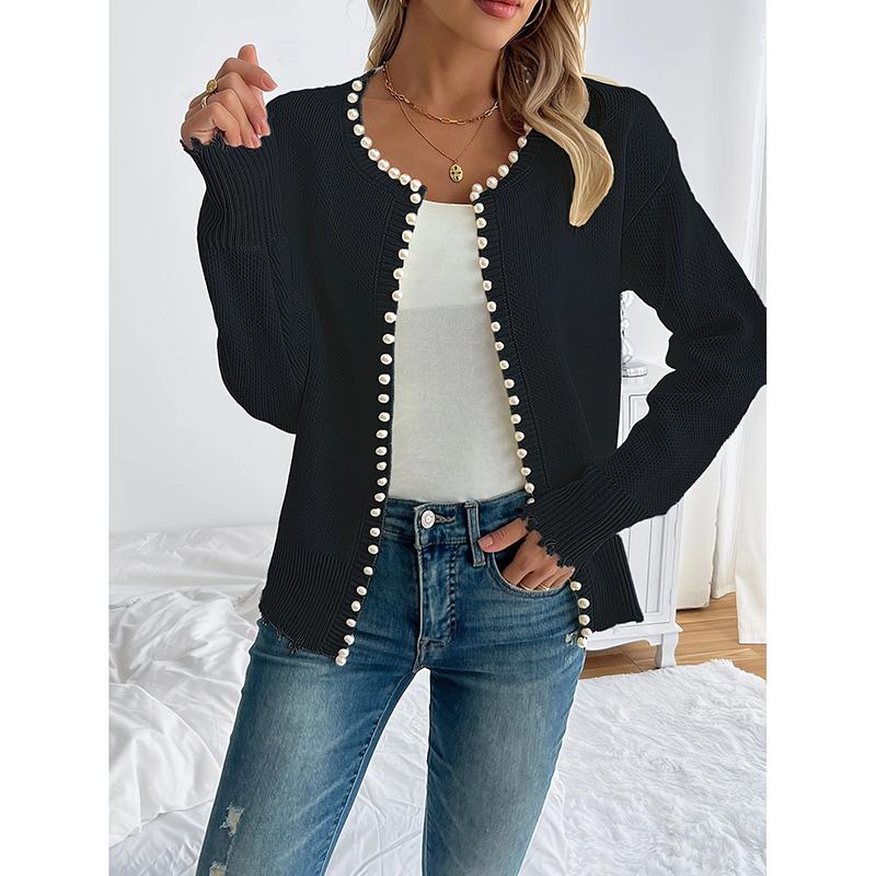 

Casual Cardigan Sweater Women Pearls Decoration Elegant Long Sleeve Knit Coat Jacket Autumn Winter Lady Street Outwear L чорний
