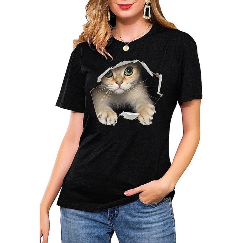 Ladies' V-neck T-shirt 3D Digital Printing Cute Cat Fashion Short Sleeved Casual Breathable Quick Drying Clothes