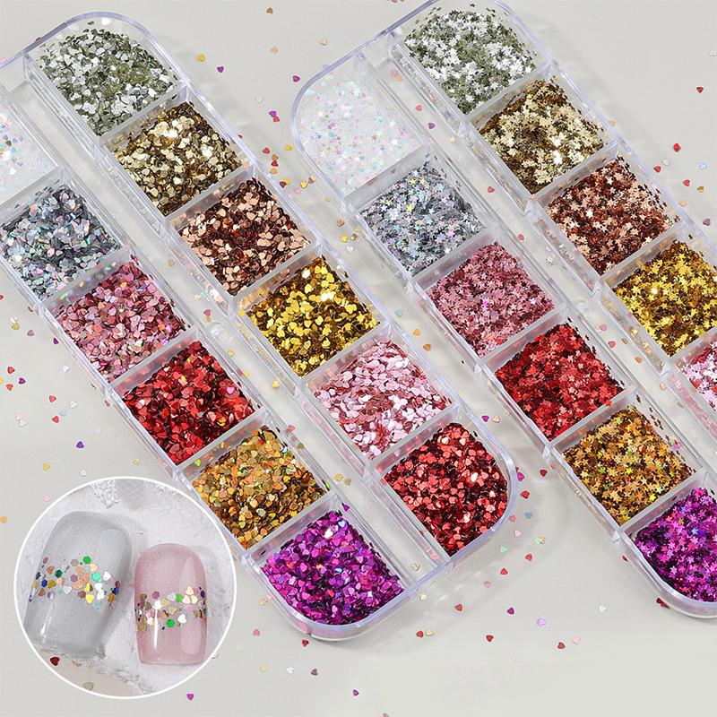 12 Grids Mixed Star Heart Nail Glitter 1Mm Star Sequin Nail Art Diy Colorful Sparkling Nail Charms Nail Decoration Accessories