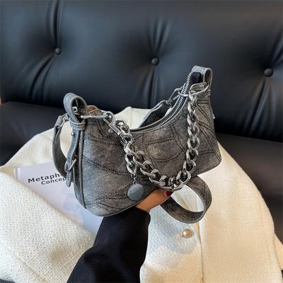 Denim Shoulder Messenger Bag, Fashionable Chain Bag Contrasting Color New Crescent Bag