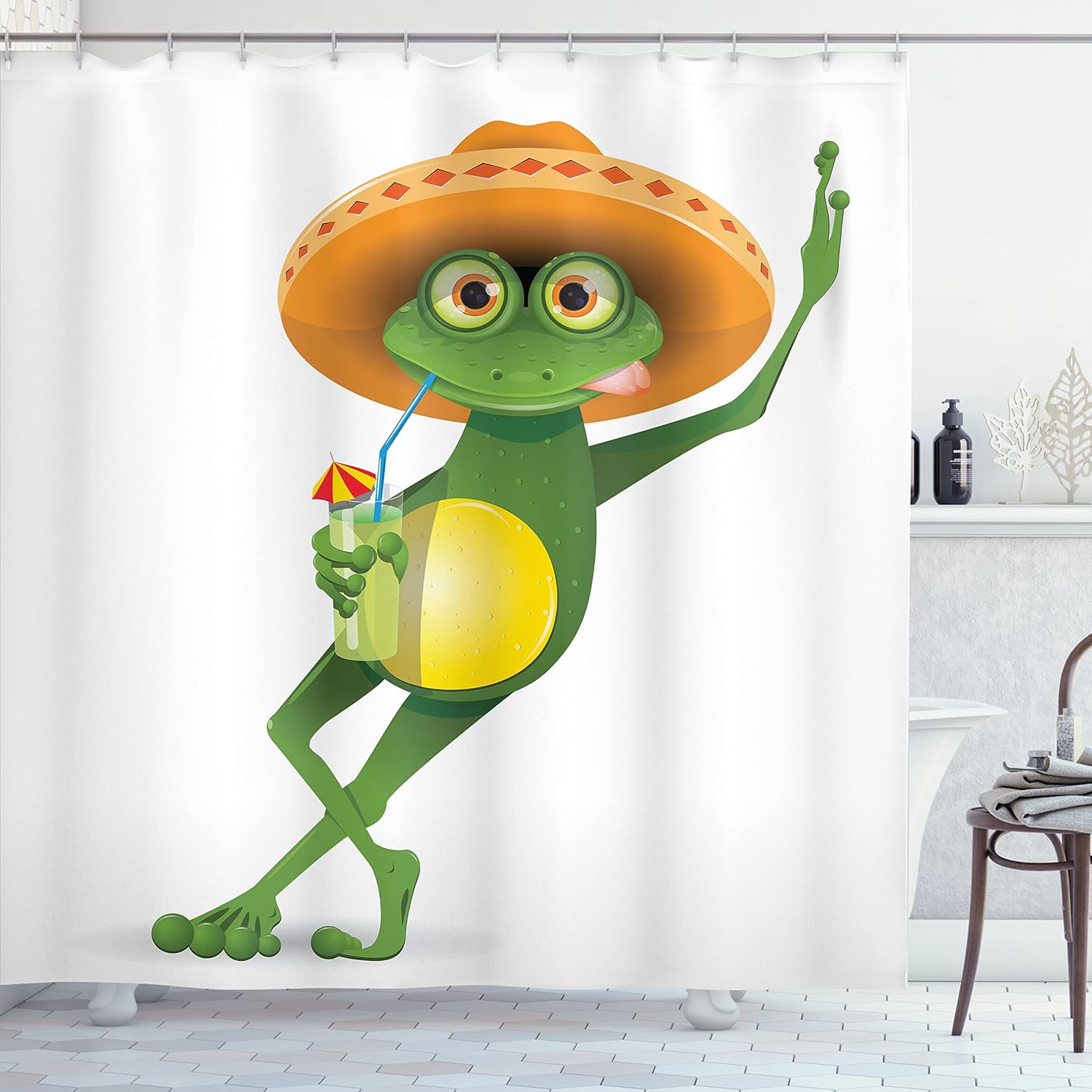 

Funny Frog Shower Curtain Mexican Hat Cocktail Design Bathroom Decor Cartoon Animal Art Tropical Fun Style Bath Accessory Gift W60H190(CM)-1 Pcs