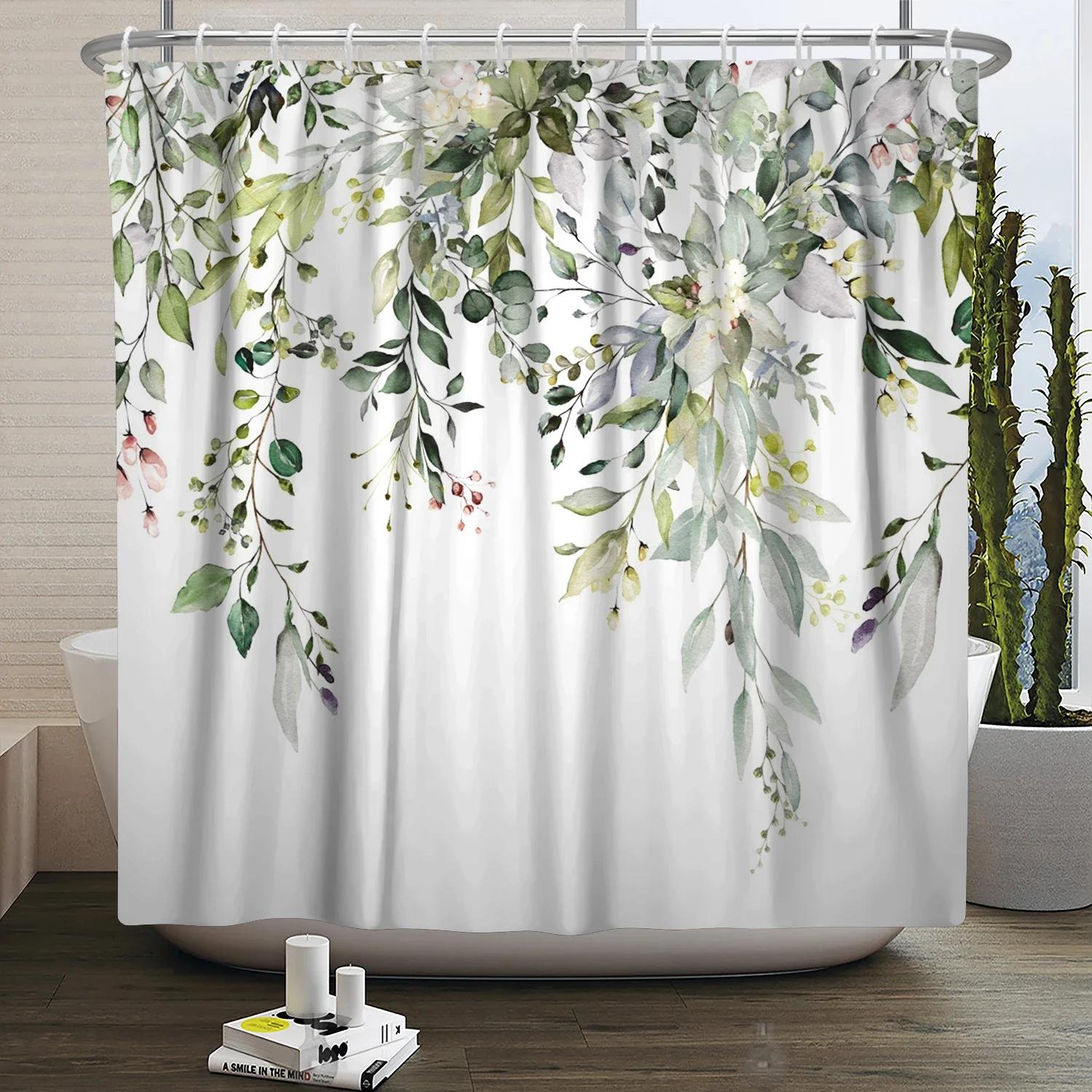 

Watercolor Green Leaf Shower Curtain For Bathroom Vines Plant Nordic Minimalist Polyester Botanic Curtain For Home Hotel W60H190(CM)-1 Pcs