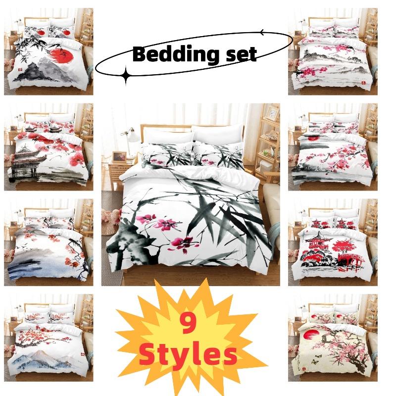 New Cross-border Chinese Style Ink Painting Digital Printing Flannel Bedding Set