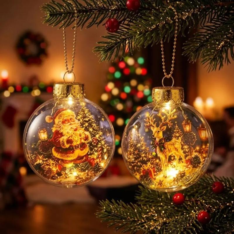 1Pcs Santa Claus Themed Clear Plastic Christmas Ball Ornament Led Light Hanging Decor For Christmas Tree Party Decoration
