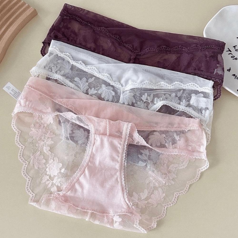 Mesh French Style Briefs Transparent Women Underwear Thin Lace Flower Panties  Gifts