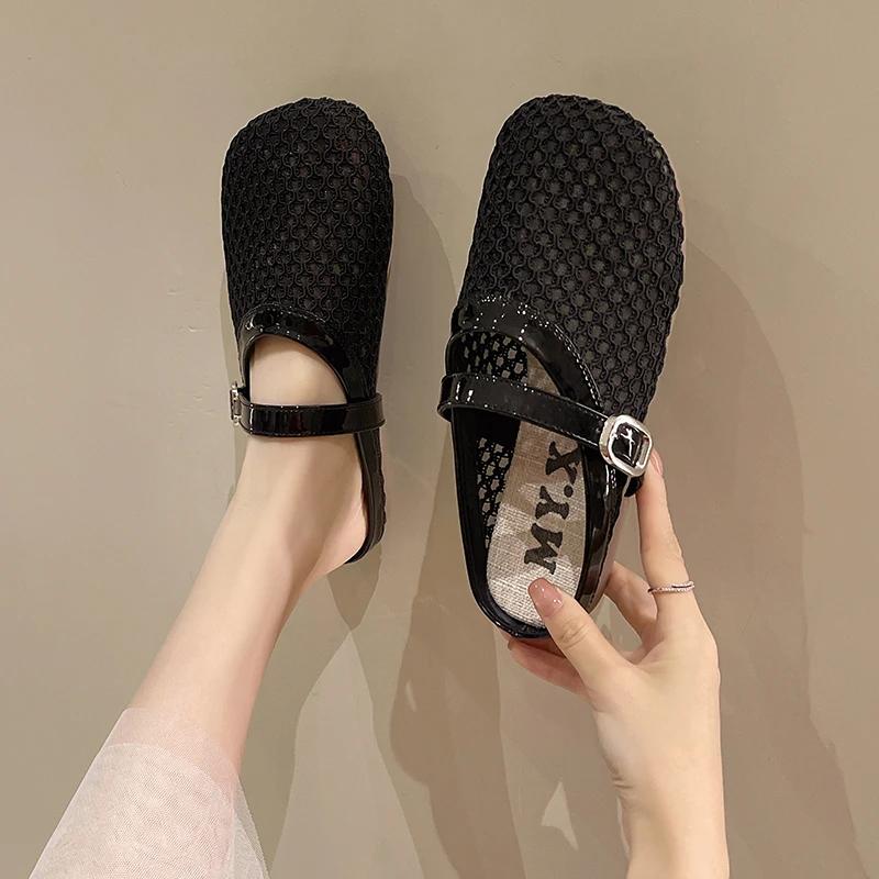 Women's Mules Flat Sole Cover Toe Mesh Upper Anti-Slip Sole Womens Slippers Dress Small Shoe Size Breathable Zapatillas De Mujer