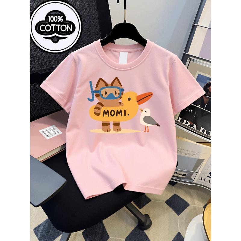 European sizes Boys' Cotton T-shirt Cat Duck Bird Mom , Ideal for Outdoor Activities, Soft Knitted Top, Comfortable And Breathable