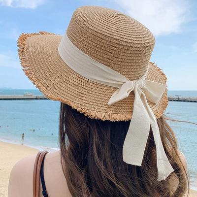 Wide Brim Bow Ribbon Straw Hat French Style Women's Sun Hat Trendy Flat Top Straw Hats  Girls
