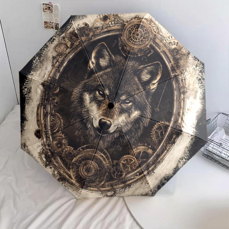 Gear Wolf pattern, automatic folding umbrella, portable and foldable design, 8 ribs, a Christmas or birthday gift.