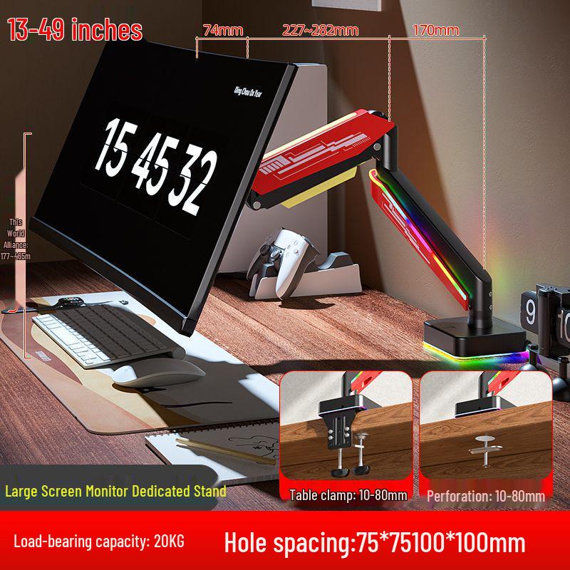 49" Ultraširoký Stojan na Monitor s Pneumatickým Ramenem, Instalace Bez Vrtání, RGB Osvětlení, E-sportovní Edice