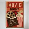 Vintage Red Movie Night Metal Tin Sign with Film Reel, Clapperboard, Popcorn - Decor for Cinema Bar Man Cave Home Restaurant