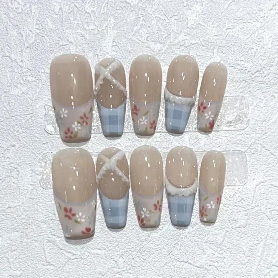 10 Pcs Blue Handmade Press On Nails Ballet Wearable Artificial False Nail Tips For Manicure And Nail Art Decoration