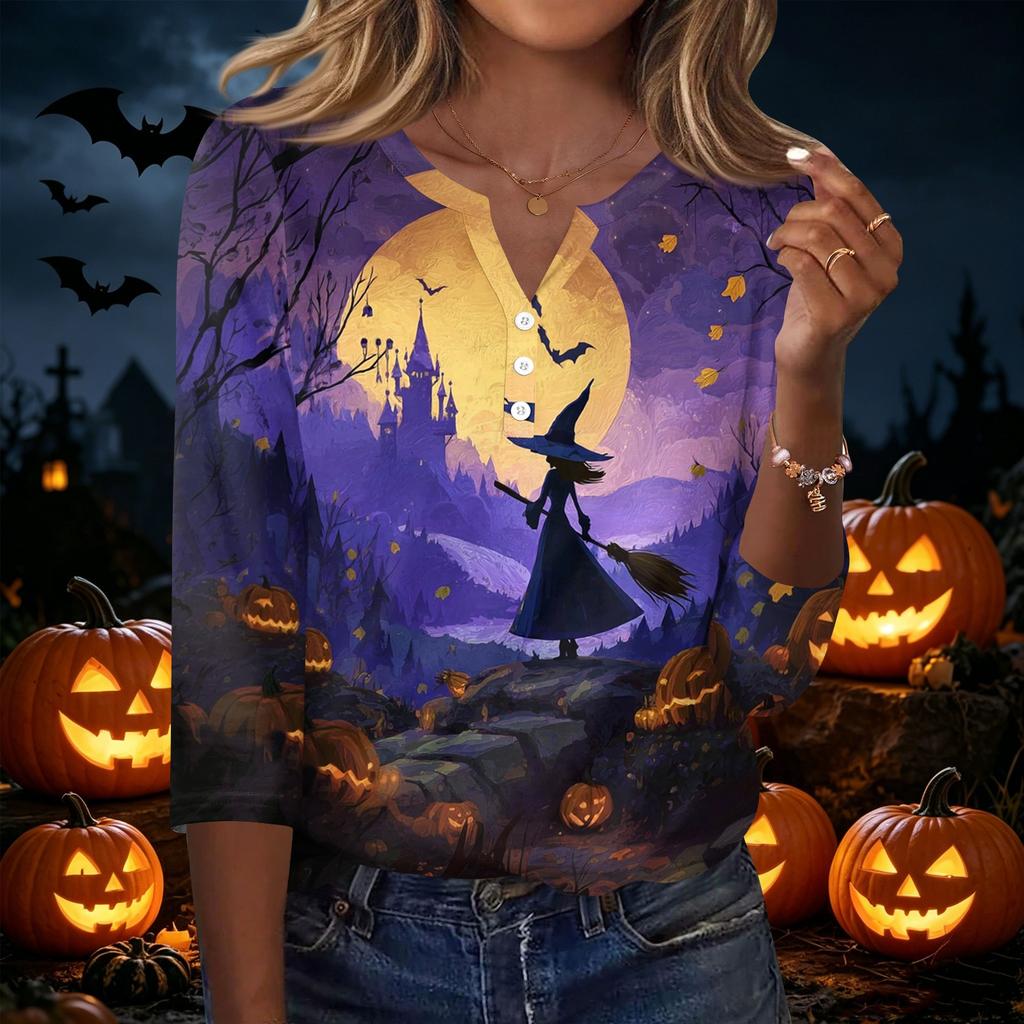 Womens Halloween Print V Neck Button Front Three Quarter Sleeve Casual T Shirt Top with Relaxed Fit and Lightweight Fabric for Seasonal Wear