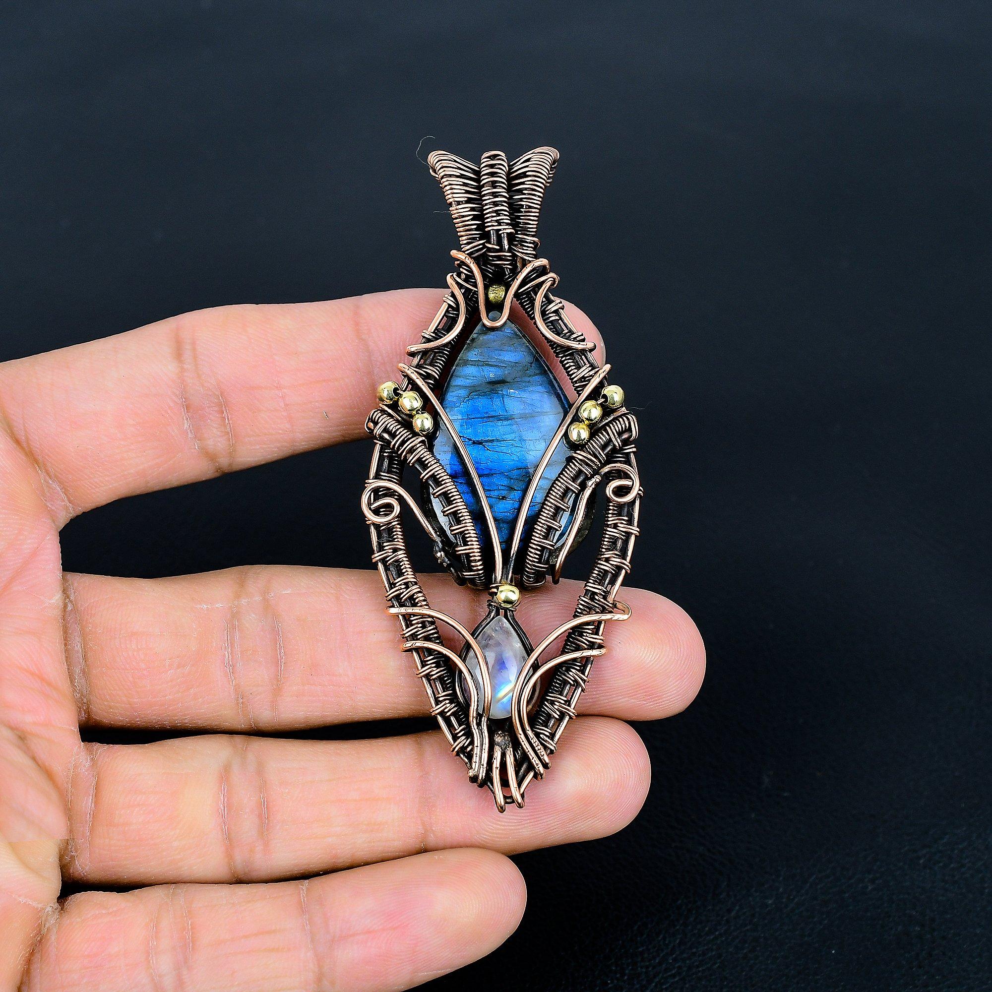 

Labradorite & Moonstone Pendant, Gemstone 999 Copper Wire Wrapped Jewelry Pendant, Handmade Jewelry Birthstone Pendant, Gift For Him 3.54 Inches