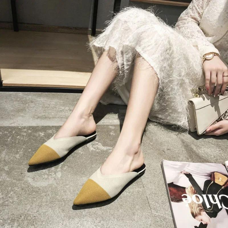 Women Mules Summer Knitting Pointed Women Half Slides Mules Loafers Casual Slipper Female Shoes Flat Sandals Size 35-43