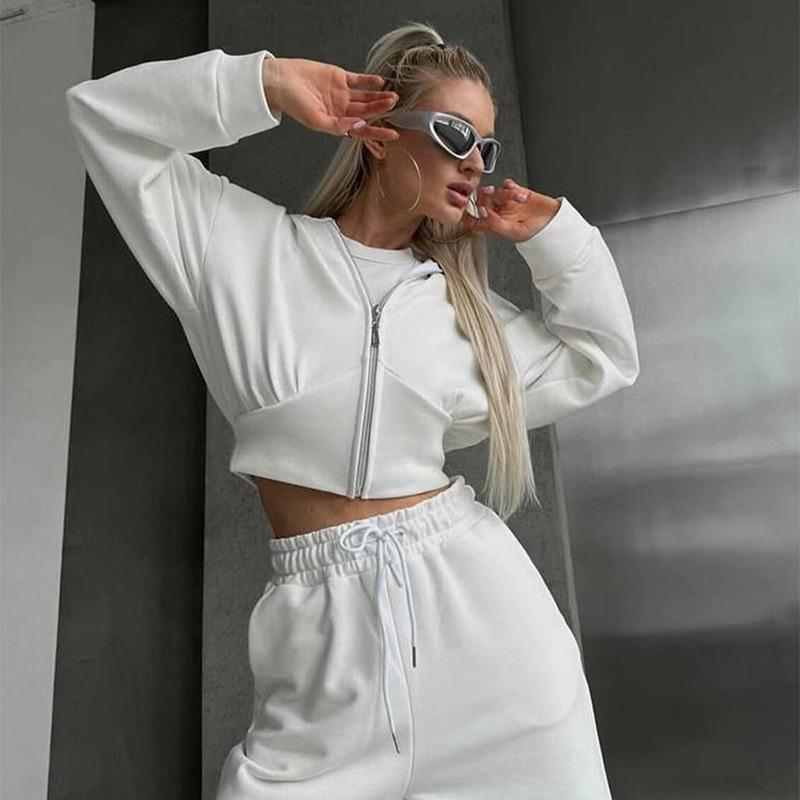 

Женские повседневные спортивные длинные брючные костюмы весна-осень однотонные укороченные толстовки с капюшоном на молнии свободные широкие брюки на шнурке комплект из двух предметов L белый