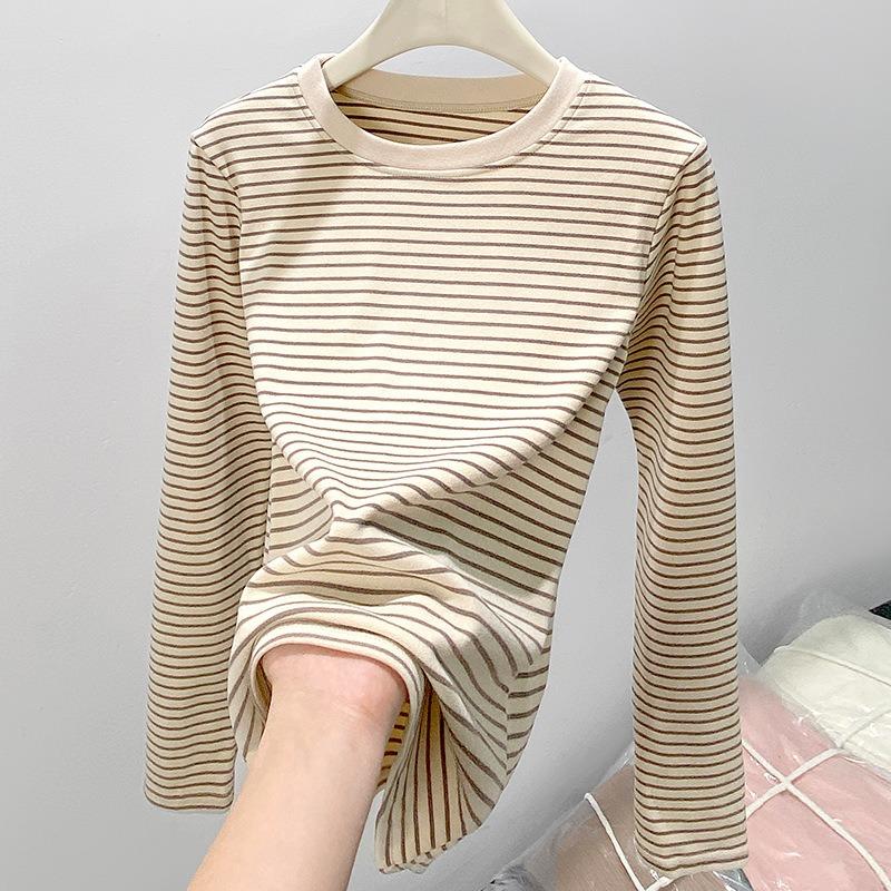 Women S Round Neck Striped Long Sleeve T Shirt Autumn Winter Base Layer Slim Fit Top