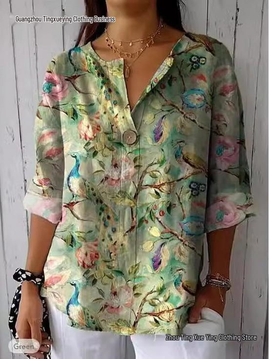Spring & Autumn Women's V-neck Button Casual Top