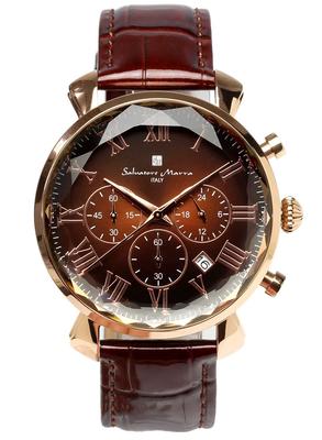 Salvatore Marra Brown Ice Black Collection Watch with Glass and Leather Model Men's Multi-Faceted Strap, SM19104-PGBRBR