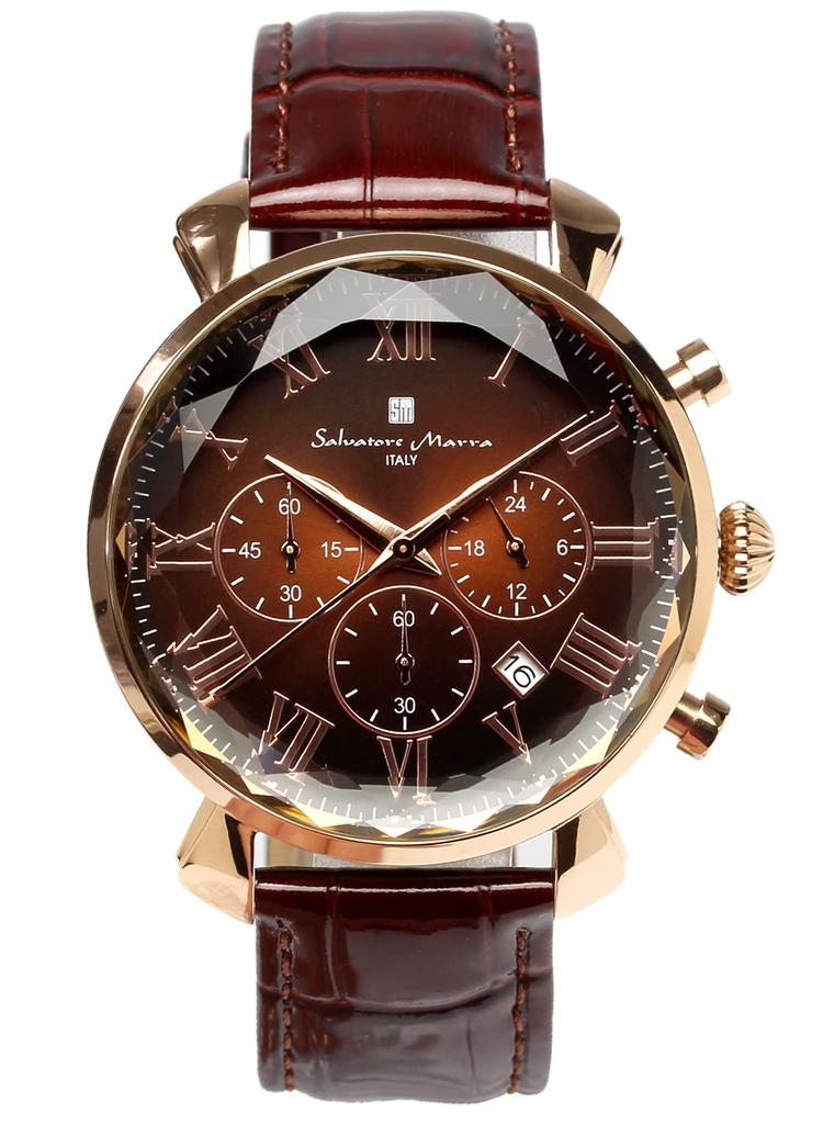 Salvatore Marra Brown Ice Black Collection Watch with Glass and Leather Model Men's Multi-Faceted Strap, SM19104-PGBRBR