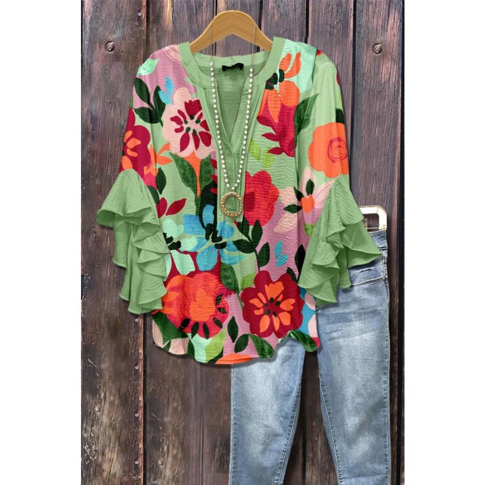 Large Women's Bohemian V-neck Shirt with Ruffle Sleeves, Grey Brown Floral Print Top, Casual Breathable Machine Washable Pullover