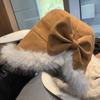 Korean Style Winter Bucket Hat Women Thickened Lamb Wool Warm Suede Bowknot Plush Fisherman Cap Sweet Windproof Basin Hat