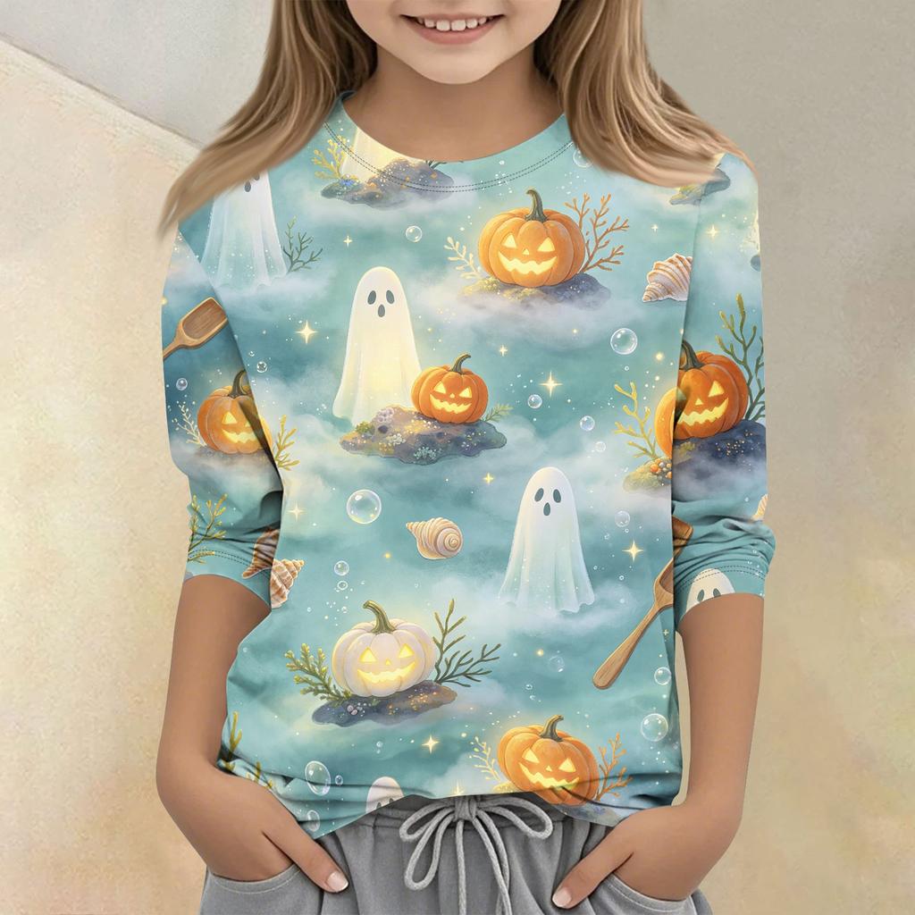 Kids Halloween Printed Round Neck 3/4 Sleeve Casual T-Shirt Top Comfortable Fit Lightweight Soft Fabric Suitable for Boys Girls