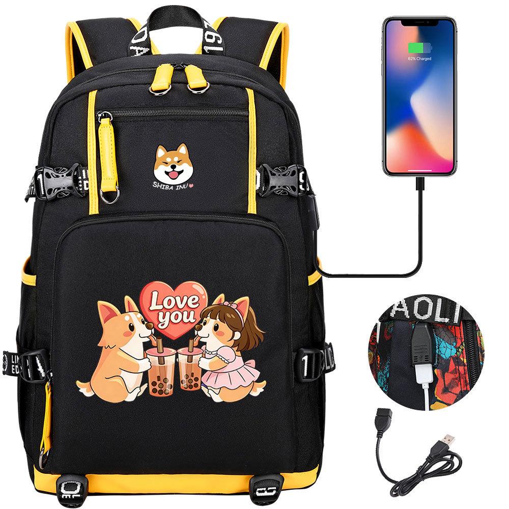 Cute Shiba Inu Corgi USB Charging Backpack for Middle High School Students Travel Casual Daypack