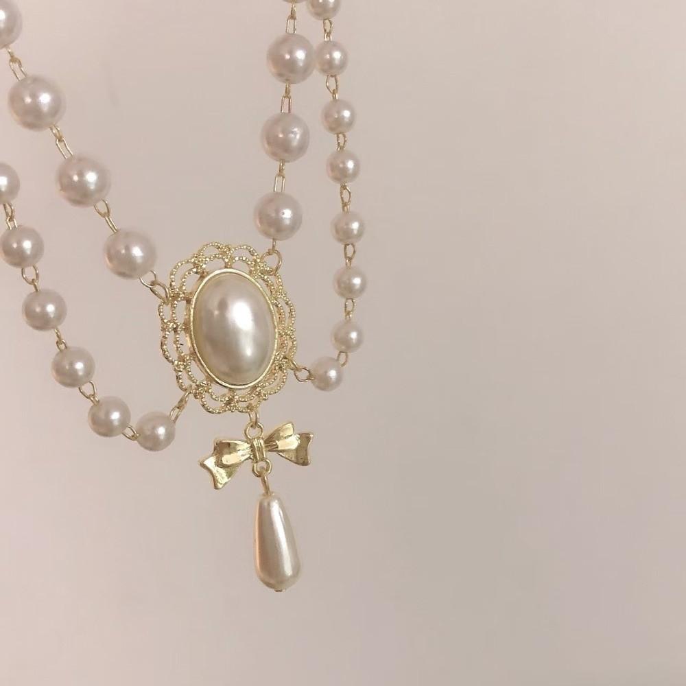 Bowknot Pendant Imitation Pearl Necklace Palace Style Bridal Jewelry Accessories  Gift S