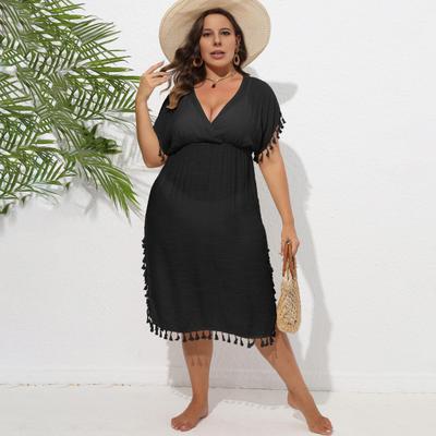 Women Bikini Cover Up Dress Solid Color V-Neck Short Sleeve Elastic High Waist Tassel Patchwork Cover Up Dress