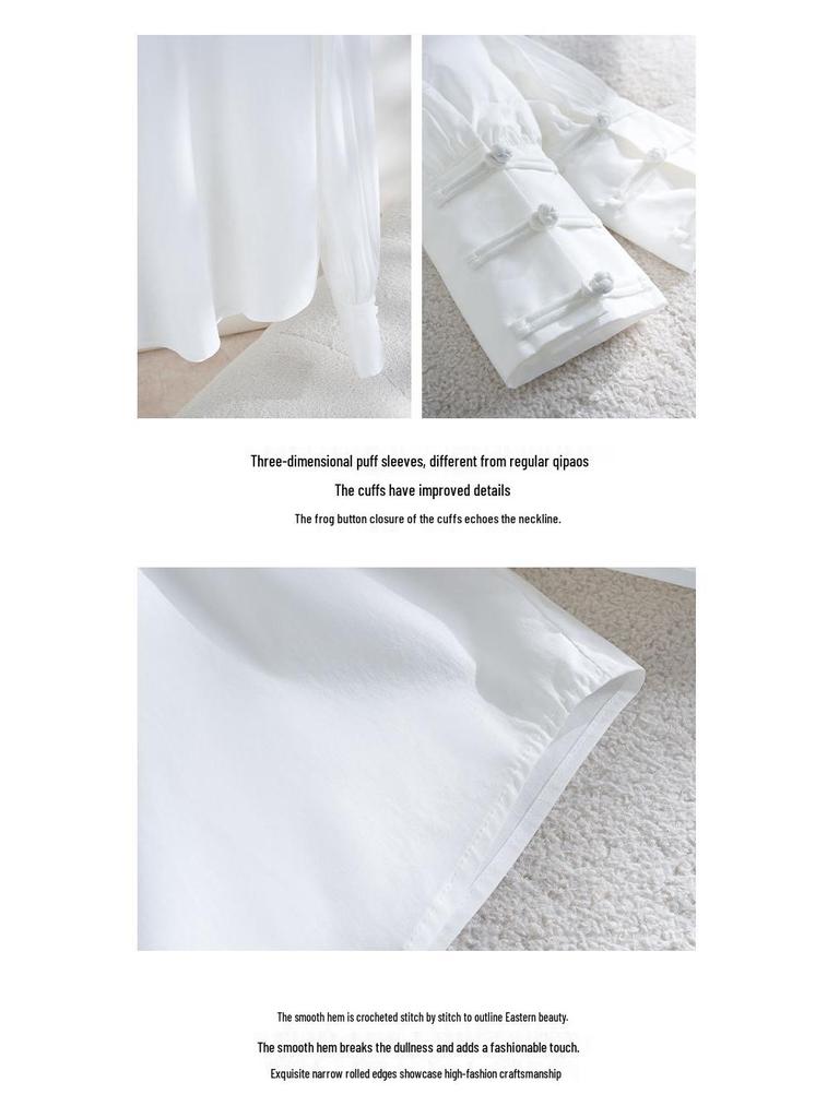 Rong Tai Women's 2026 White Puff Sleeve Stand Collar Shirt in Lightweight Chinese Style