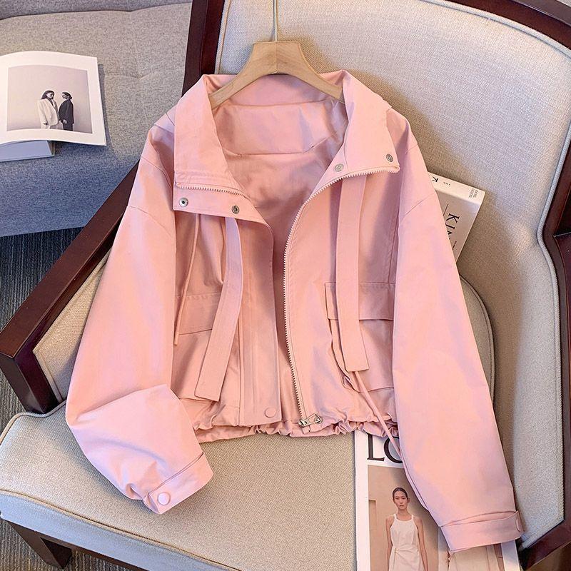 Short Hooded Jacket Women's Spring Autumn Lady Loose Thin Work Jacket Top Solid Casual Student Zipper Outwear