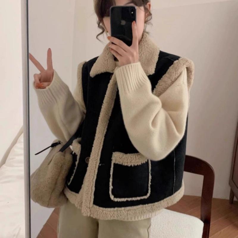 Autumn and winter casual fur integrated thickened sleeveless vest lapel jacket Korean suede lamb wool vest women
