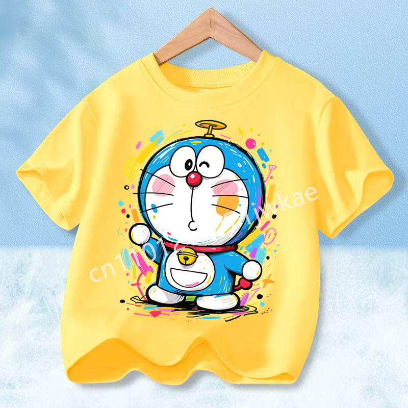 Doraemon Colorful T-shirt Printed Short-sleeved Outdoor Simple Comfortable Pullover Tops Summer Clothes Casuals Round Neck Shirt