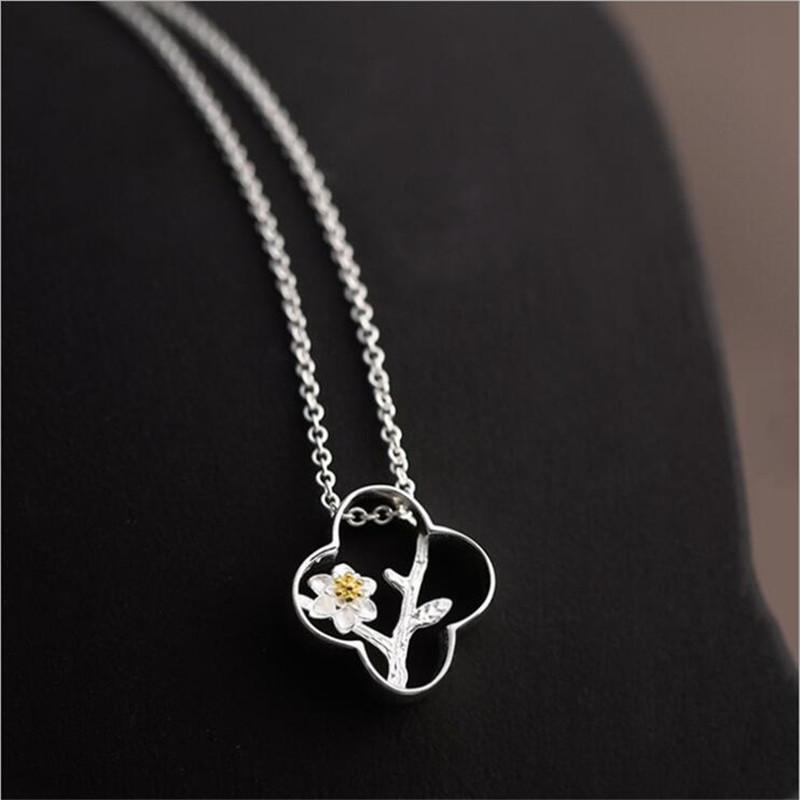 New Simple Flower Exquisite 925 Sterling Silver Jewelry Plum Blossom Hollow Clover Tree Clavicle Chain Pendant Necklaces HZX437