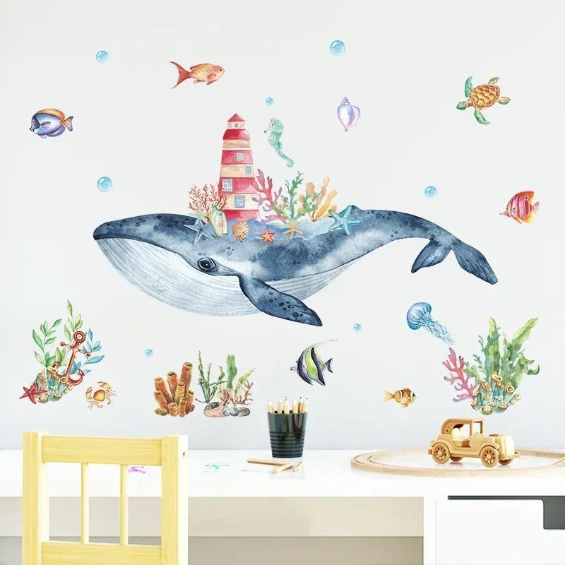 Undersea Whale Wall Stickers for Children Rooms Decor Cartoon Lighthouse PVC Decals Home Decoration Art Murals One Piece