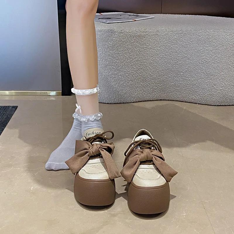 Fashion 8CM NEW Pink Butterfly-knot Womens Sports Shoes Platform Comfortable Kawaii Casual Sneakers Athletic Ladies New Skateboard Shoes