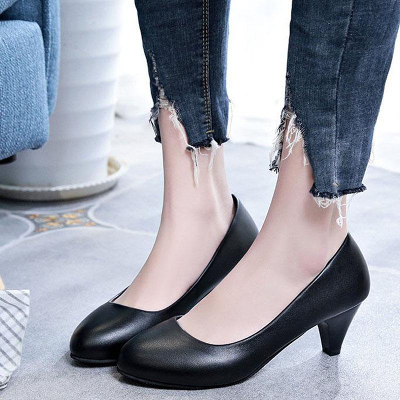 Spring Autumn Women Shoes Wedge Ladies Round Toe Medium Heels Pumps Shoes Woman Slip On Casual Black White tacones mujer WSH3181
