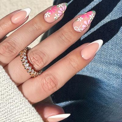 Barevné Květiny Nail Art Krátké Mandlové Press On Nehty Lesklý Povrch Manikúra Nehtové Doplňky Pro Ženy A Dívky 24ks